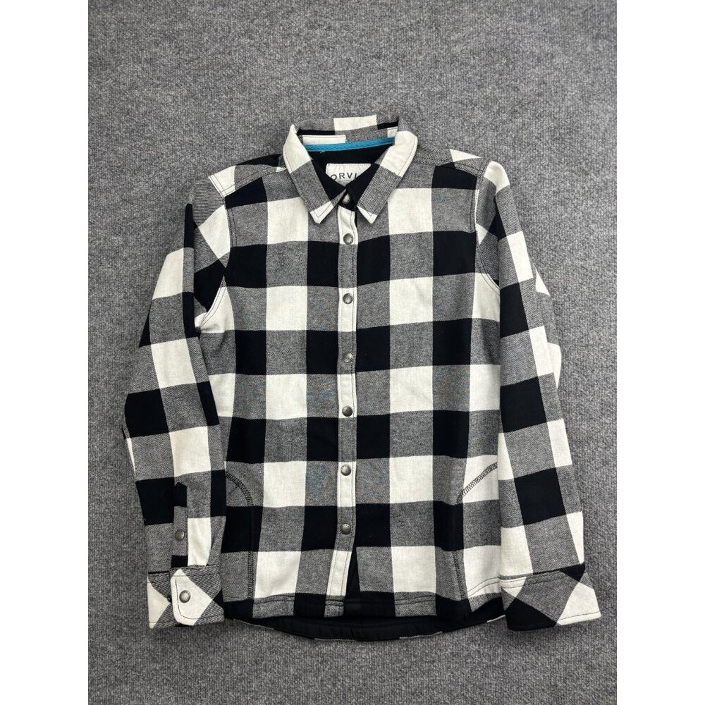 Orvis Shirt Jacket Mens Medium Black White Buffalo Plaid Fleece Lined Snap
